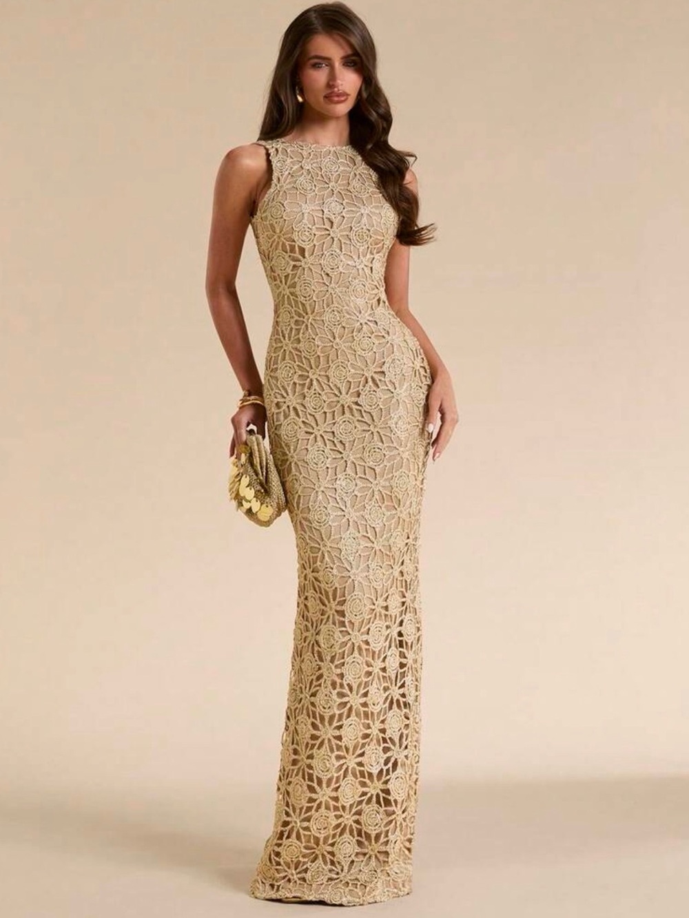 SHEIN Gold Floral Lace Maxi Dress/NWOT